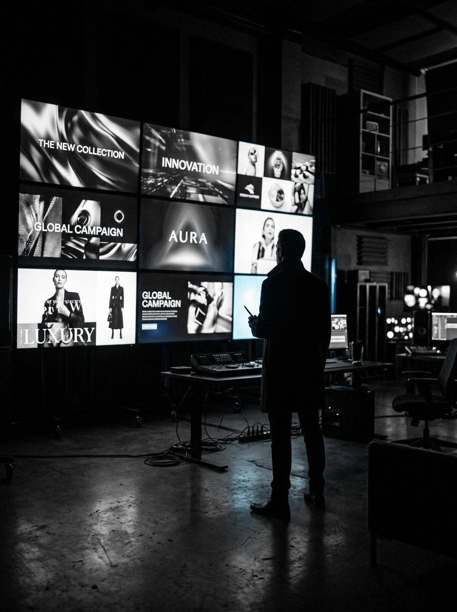 Operator in front of a cinematic wall of campaign content.