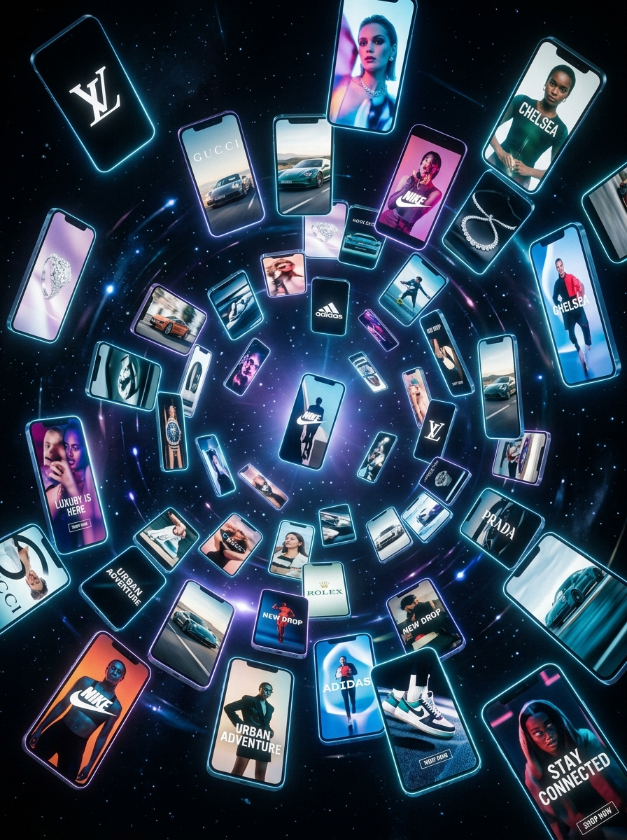 Hundreds of vertical phone screens swirling outward, representing scale of social content.
