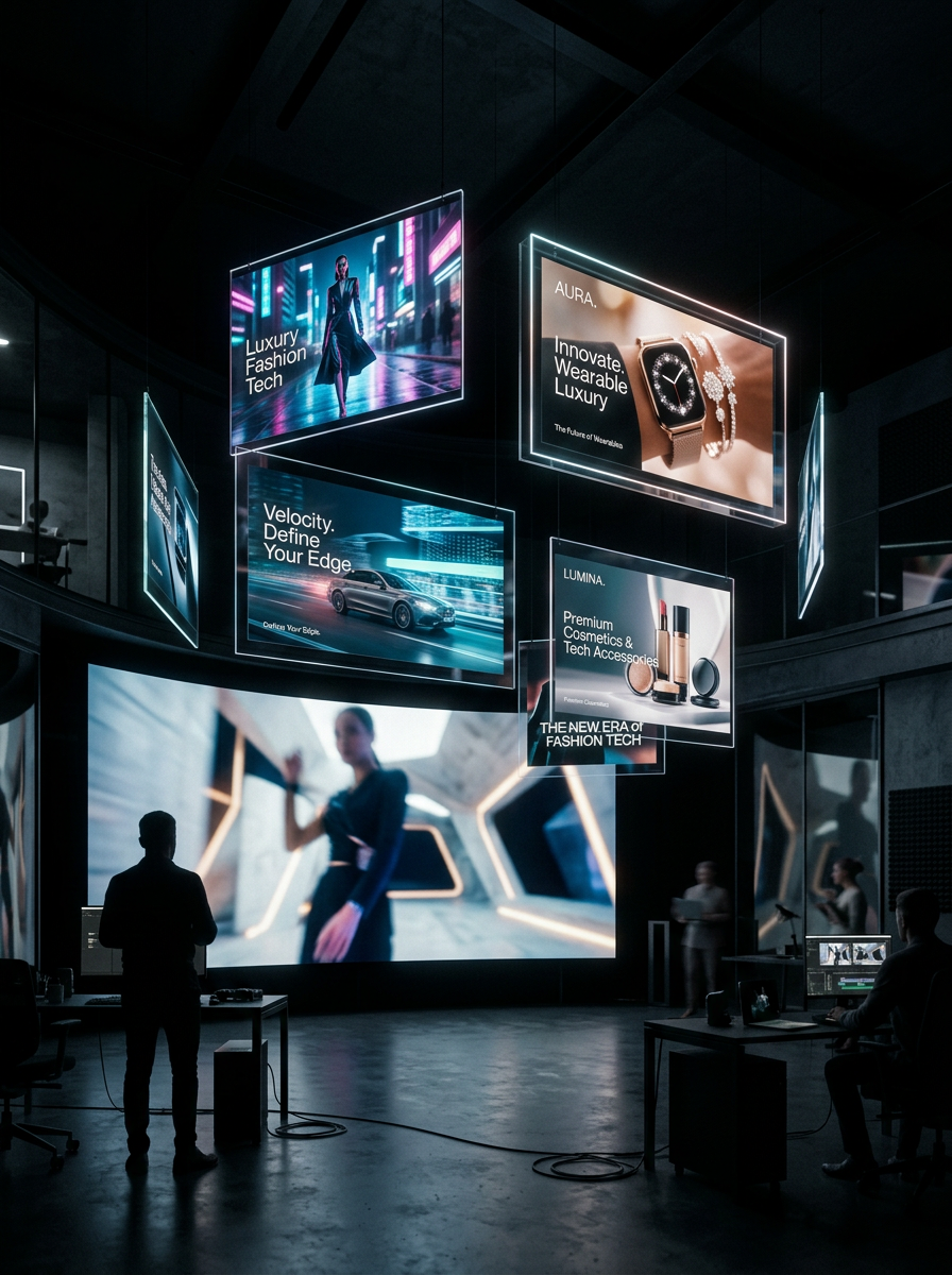 Suspended cinematic screens showing premium campaign creative.