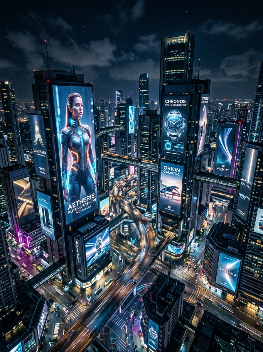 Night city skyline filled with brand billboards.