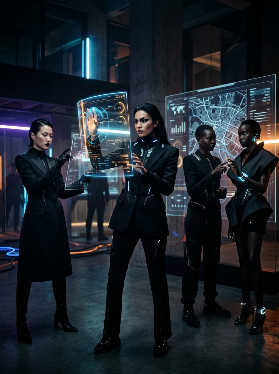 A creative team interacting with holographic production interfaces.